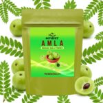 Centered Amla pouch surrounded by hyper-realistic green leaves and branches.