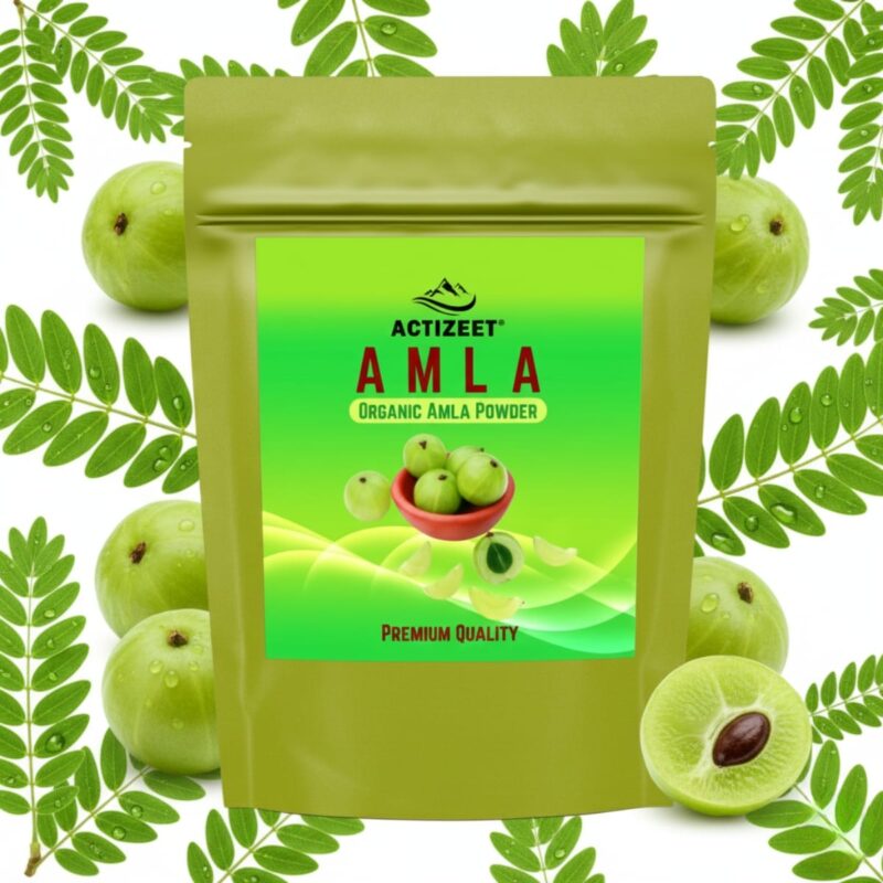 Centered Amla pouch surrounded by hyper-realistic green leaves and branches.