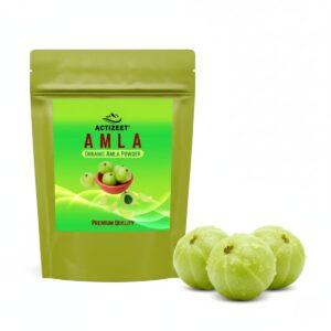ACTIZEET Amla Powder bag next to fresh green whole Indian Gooseberries.