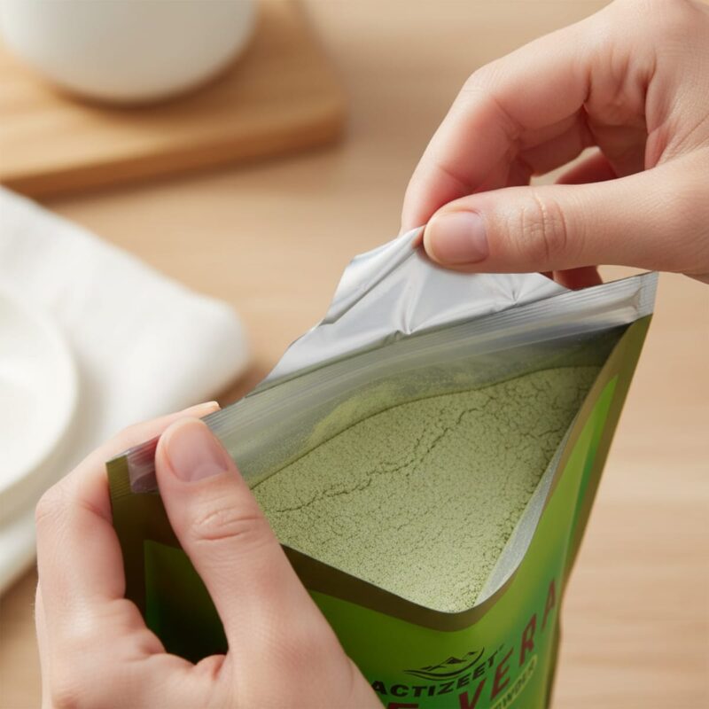 Close-up of hands opening the ACTIZEET pouch and removing the freshness safety seal.