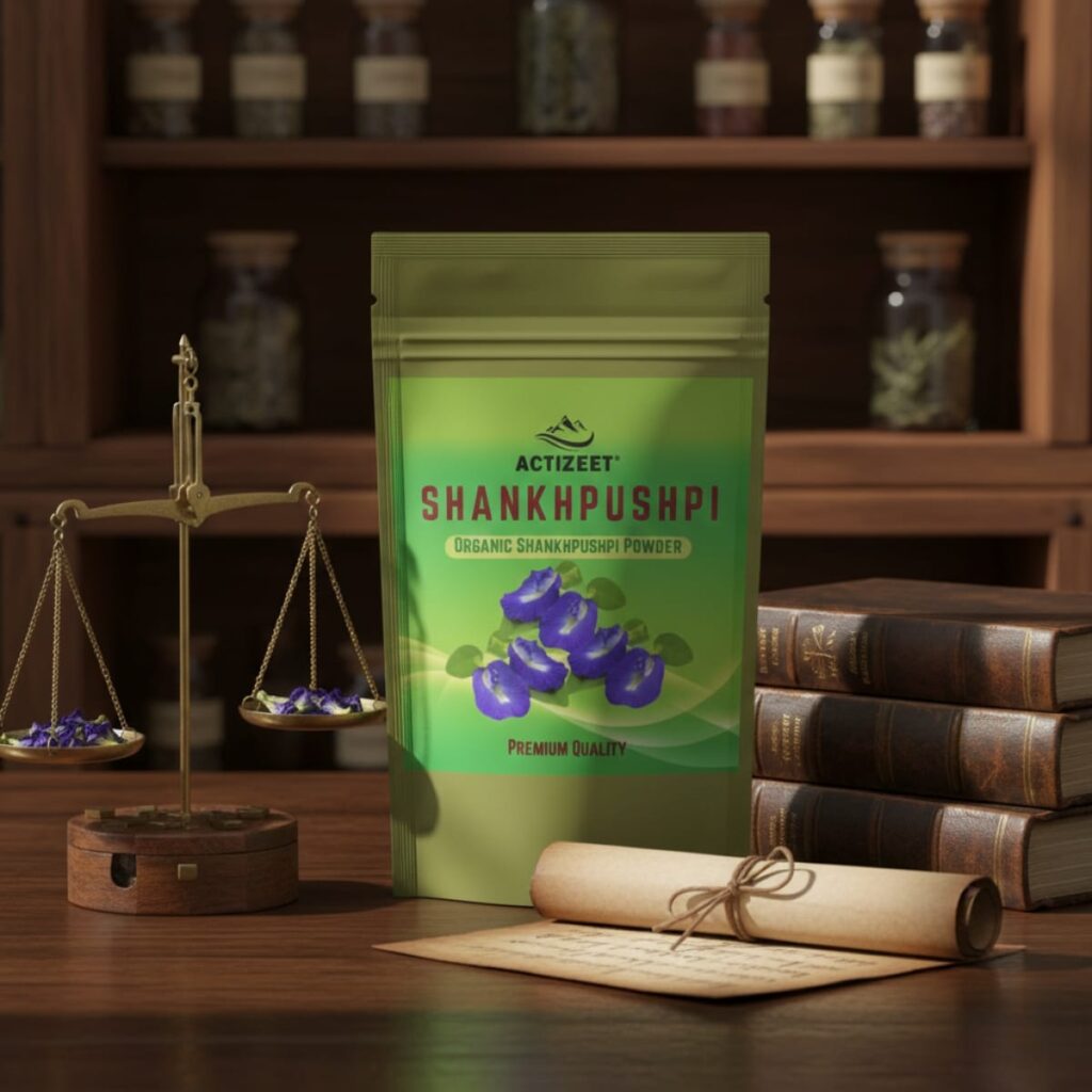 ACTIZEET Shankhpushpi pouch with old leather books and a brass scale for traditional Ayurvedic heritage.