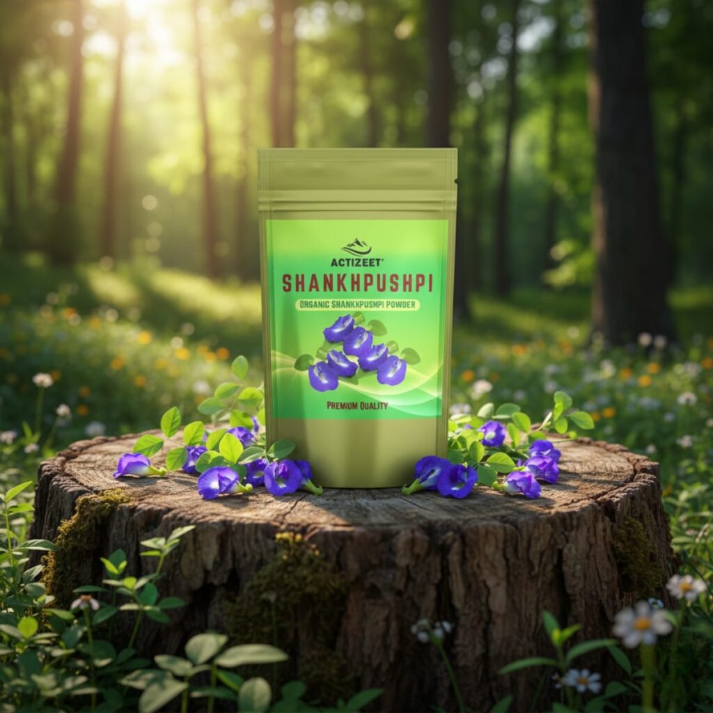 ACTIZEET pouch on a wooden stump in a forest, emphasizing organic and natural origins.