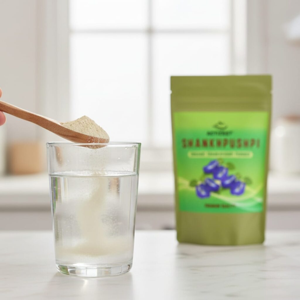 A spoon stirring ACTIZEET Shankhpushpi powder into a glass of water, illustrating easy dissolution.