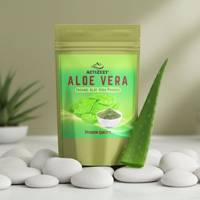 ACTIZEET pouch on smooth white river stones with a fresh Aloe leaf in a calm spa setting.