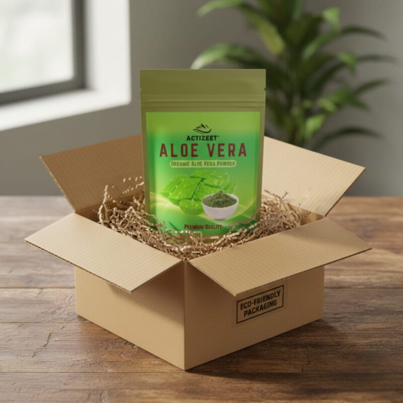 ACTIZEET pouch in a recycled cardboard box with brown paper crinkle for sustainability.