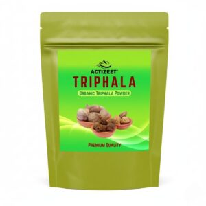 Front view of ACTIZEET Organic Triphala Powder pouch on white background.
