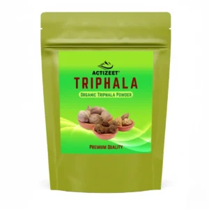 Front view of ACTIZEET Organic Triphala Powder pouch on white background.