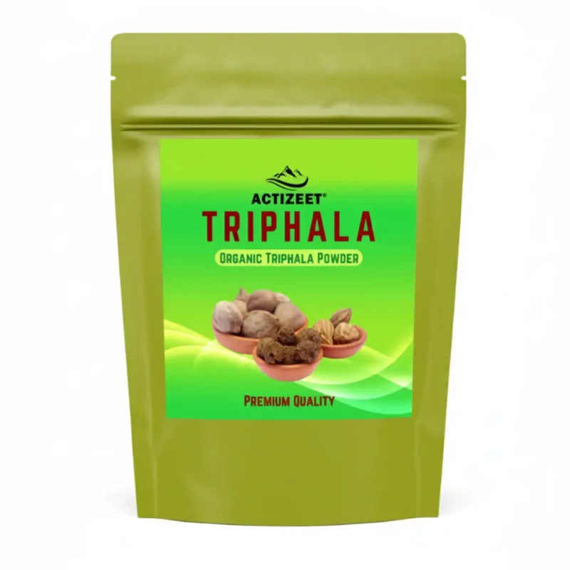 actizeet-triphala-powder-pouch-white-bg Front view of ACTIZEET Organic Triphala Powder pouch on white background.