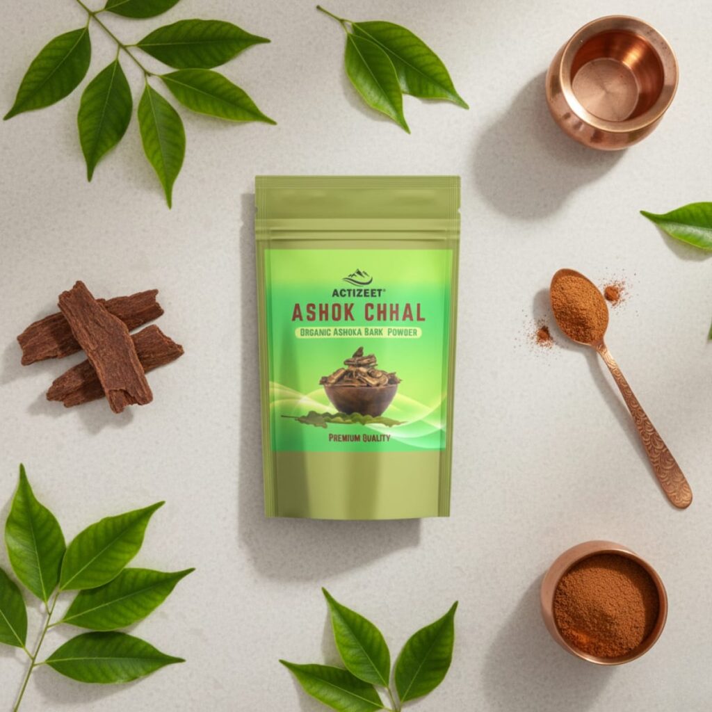 Top-down view of ACTIZEET pouch with copper vessels, green leaves, and Ashoka bark.