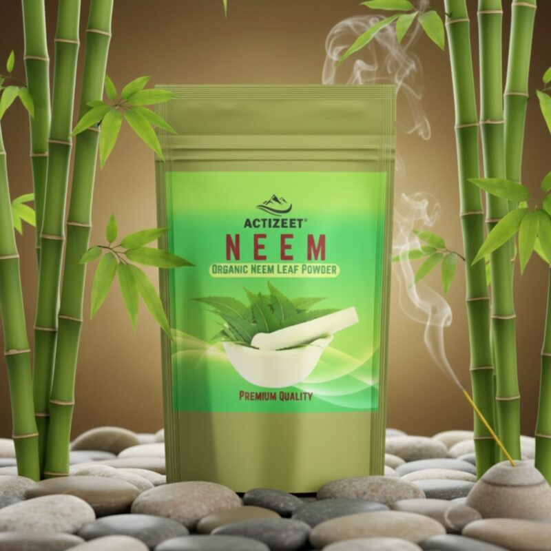 ACTIZEET neem powder on river stones with bamboo stalks