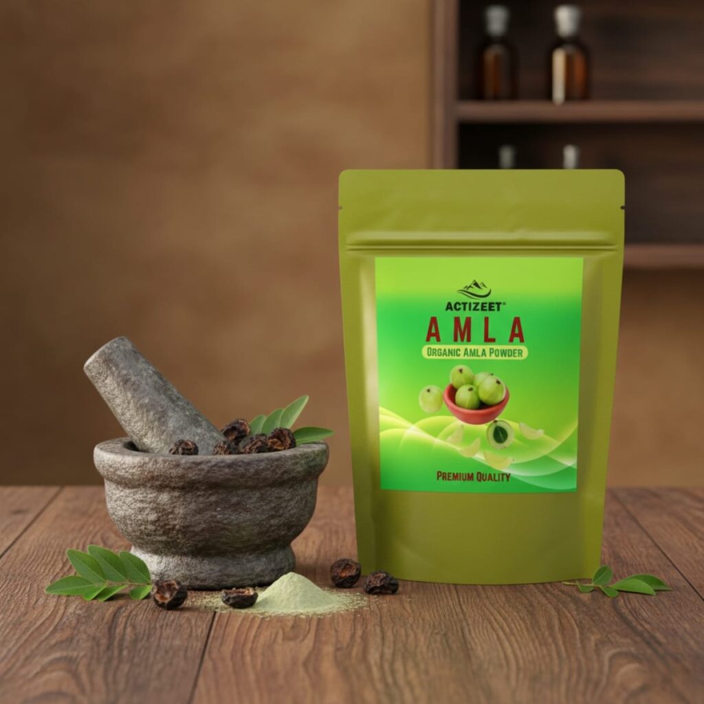 Rustic setup of ACTIZEET powder with a mortar, pestle, and dried Indian Gooseberries.