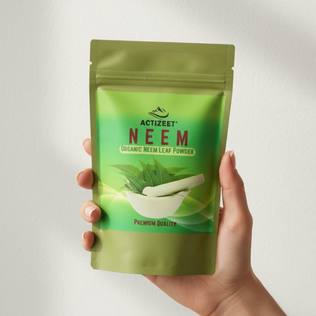 close-up of fine green ACTIZEET neem powder package