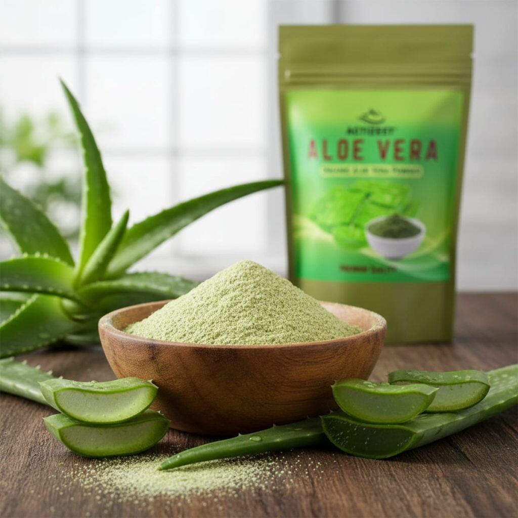 A wooden bowl filled with fine green powder among whole Aloe Vera plants and ACTIZEET pouch.