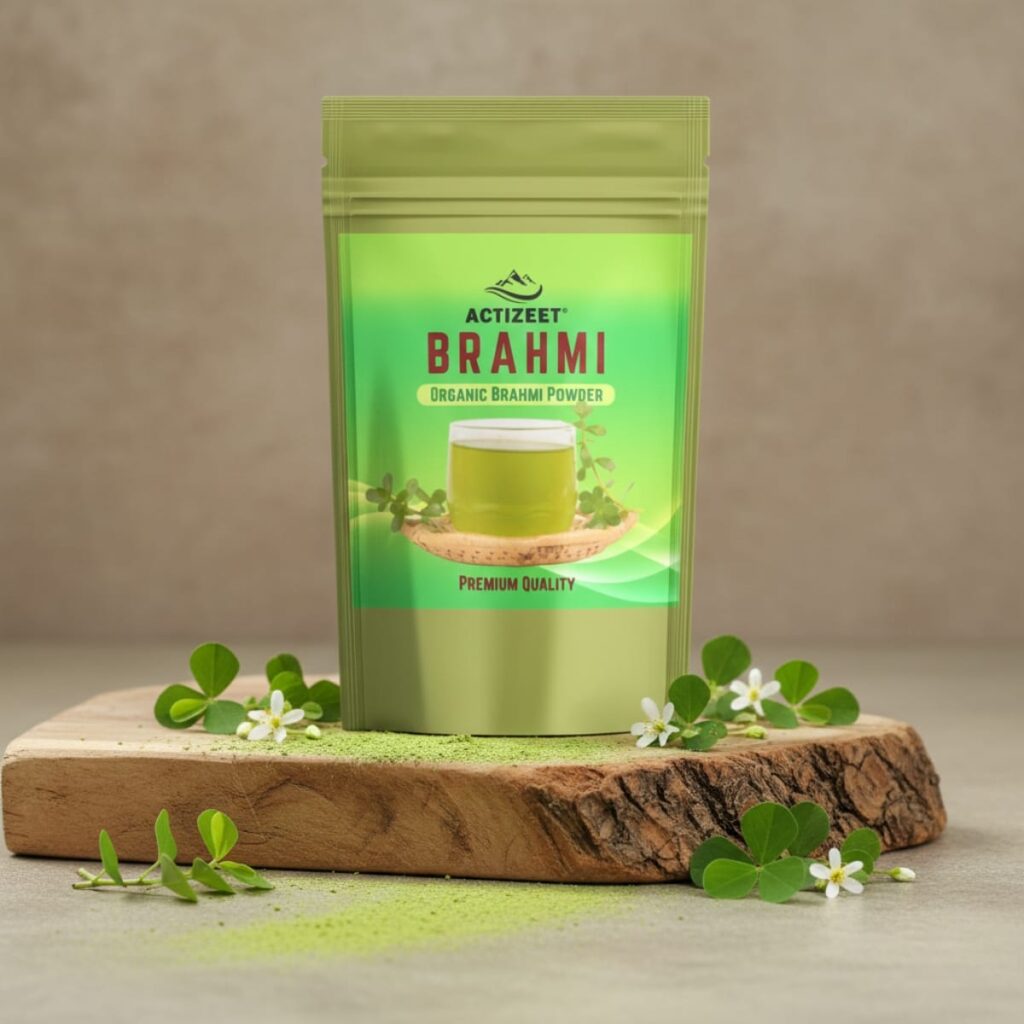 Organic Brahmi powder pouch on a raw wooden block with white flowers and green powder dusting.