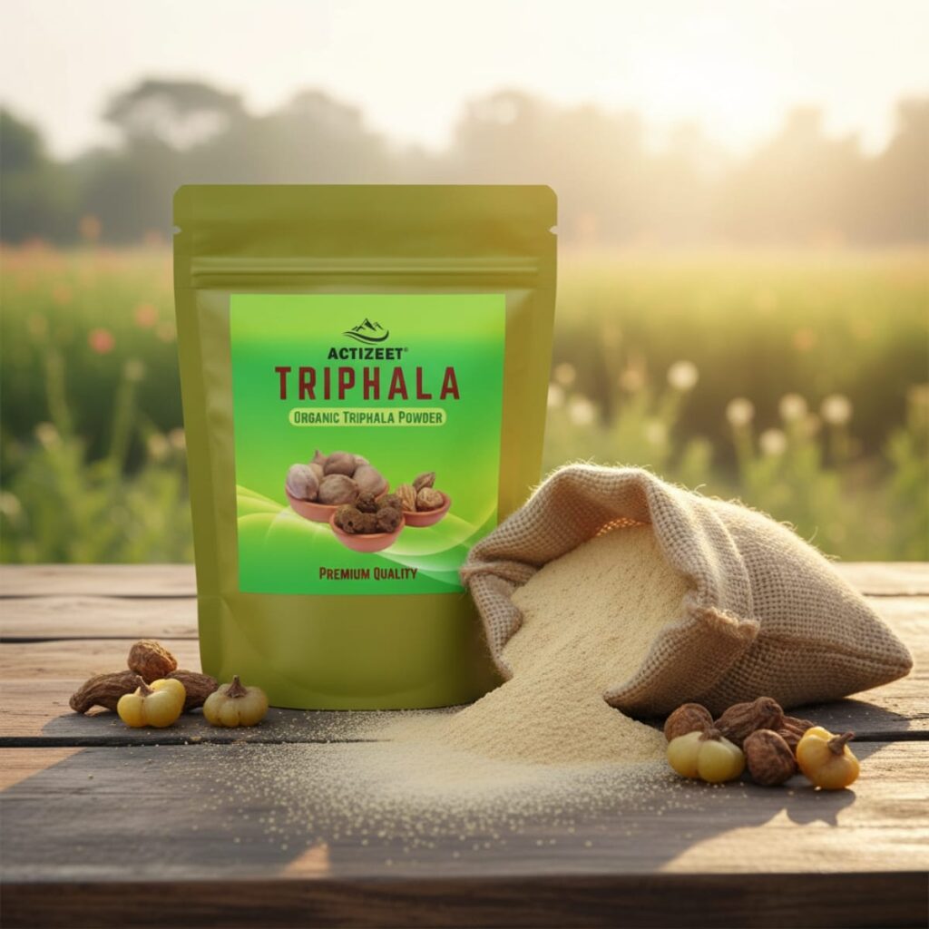 Triphala powder spilling from a burlap bag next to the ACTIZEET wellness pouch.