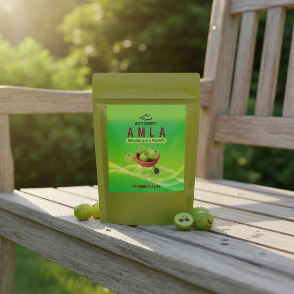 ACTIZEET product on a wooden bench in a garden during golden hour light.