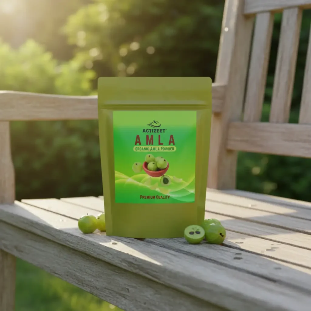 raw amla fruit and pouch outdoor bench