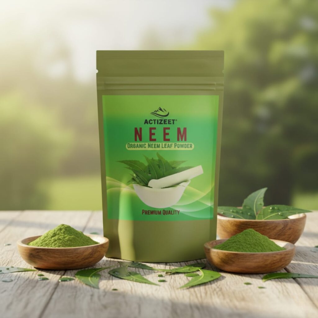 ACTIZEET neem powder pouch with fresh dewy neem leaves