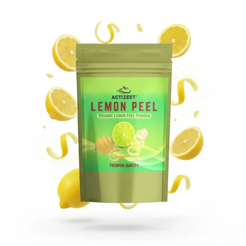 3D render of ACTIZEET pouch floating with lemon slices and zest particles