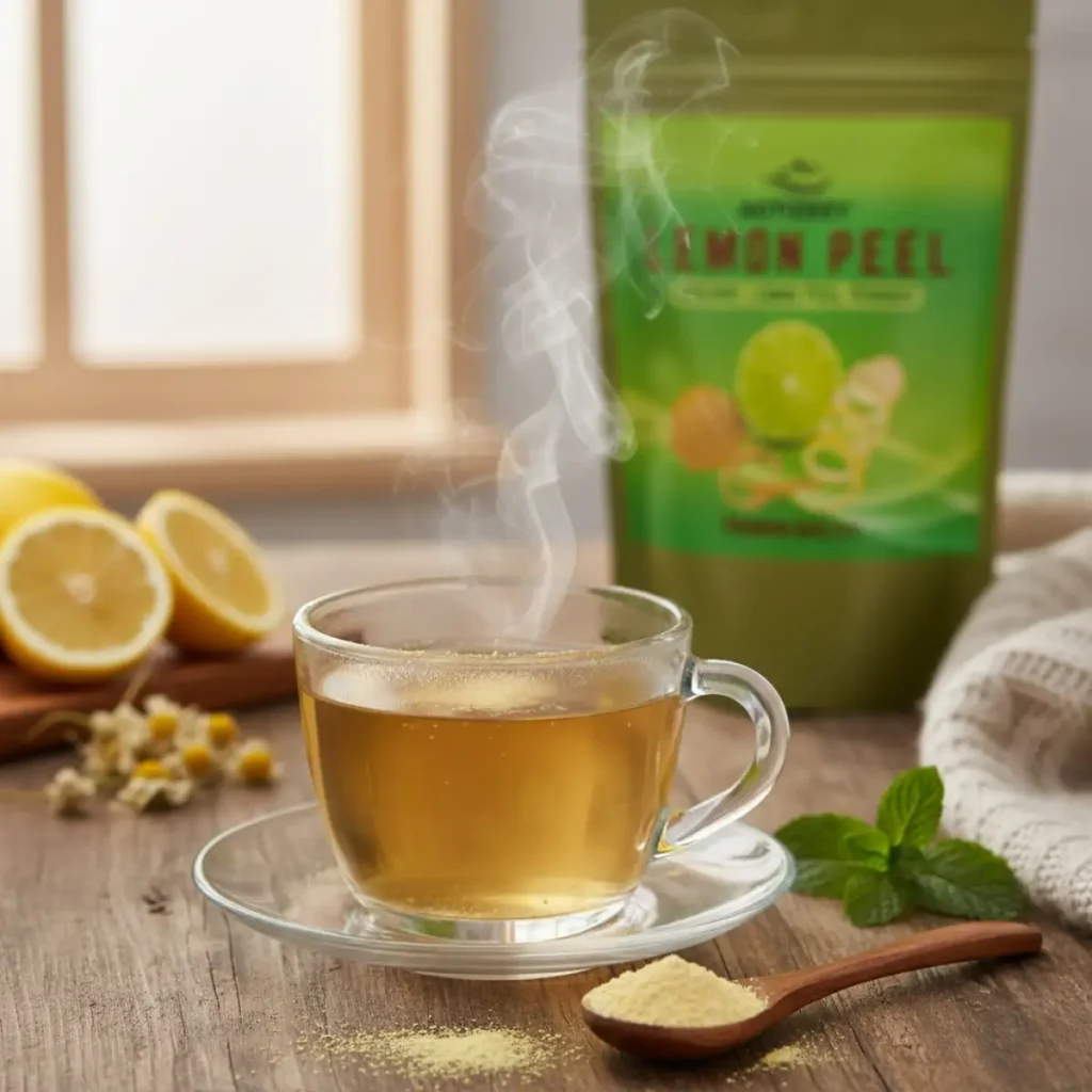 A cup of herbal tea with a spoon of ACTIZEET powder on the saucer in a cozy setting