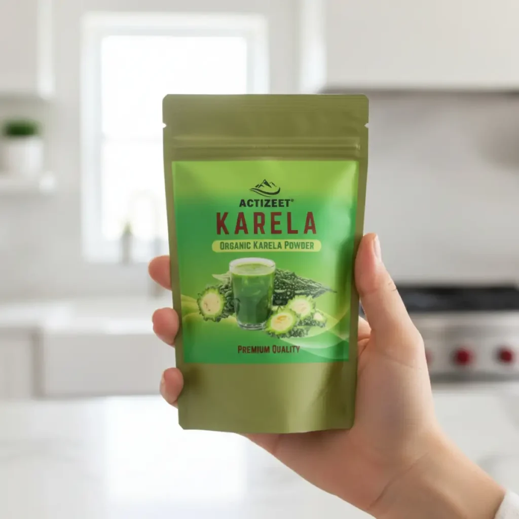A person holding the ACTIZEET Karela pouch to show its compact travel friendly size