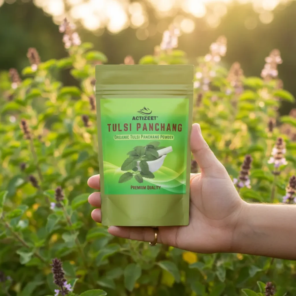 A person holding the ACTIZEET Tulsi pouch against a blurred natural garden background