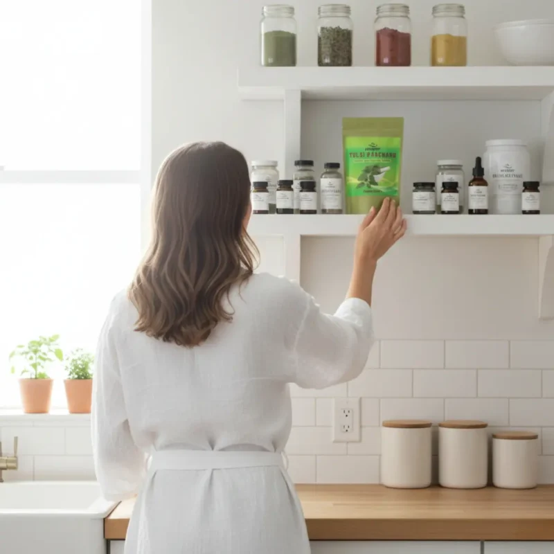 A woman reaching for an ACTIZEET Tulsi pouch on a modern kitchen shelf of supplements