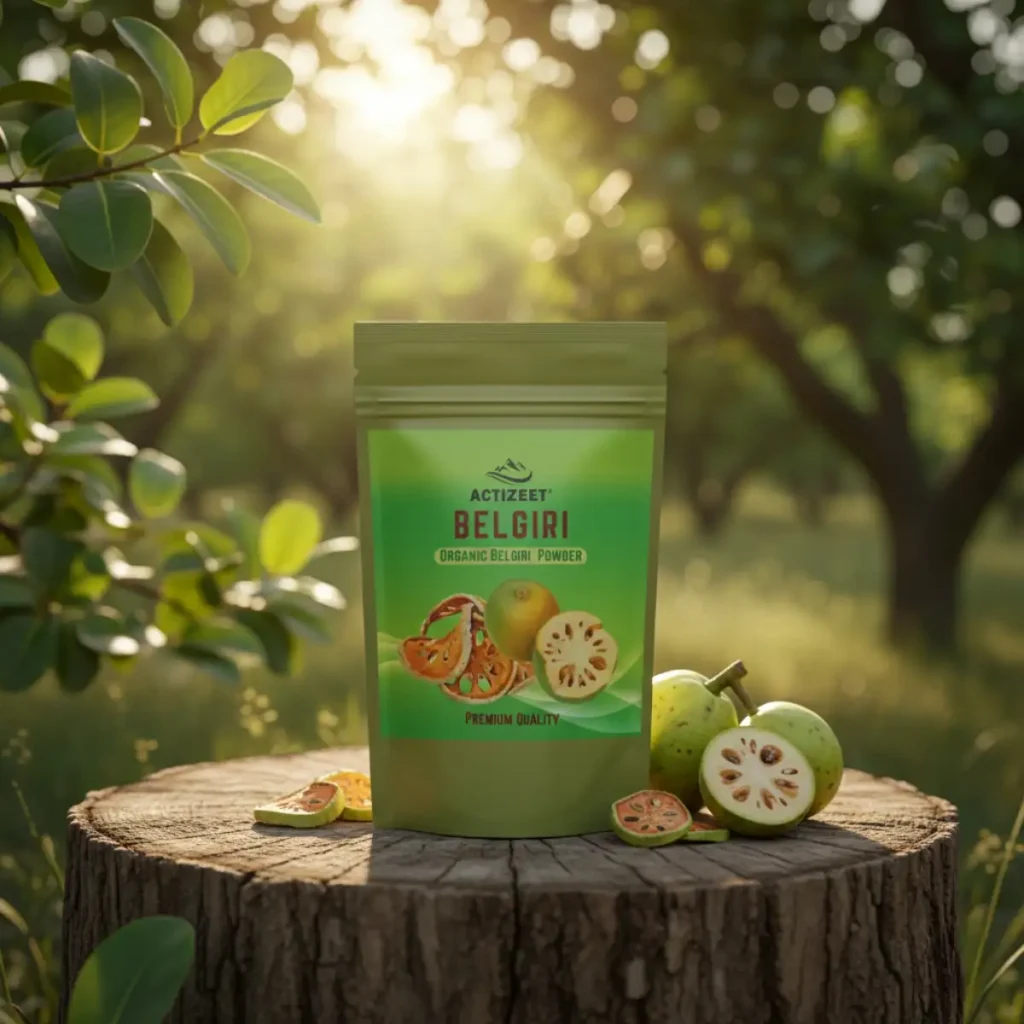 ACTIZEET Belgiri powder on a wooden stump in a sunny orchard