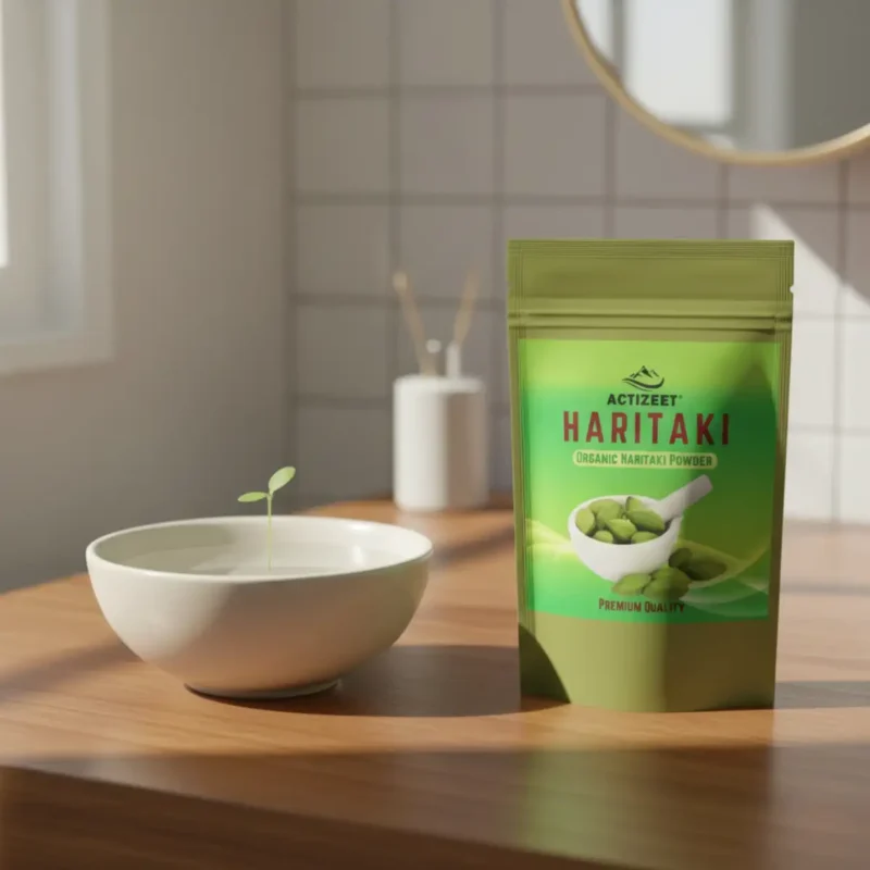 ACTIZEET Haritaki Powder on bathroom vanity for daily wellness ritual