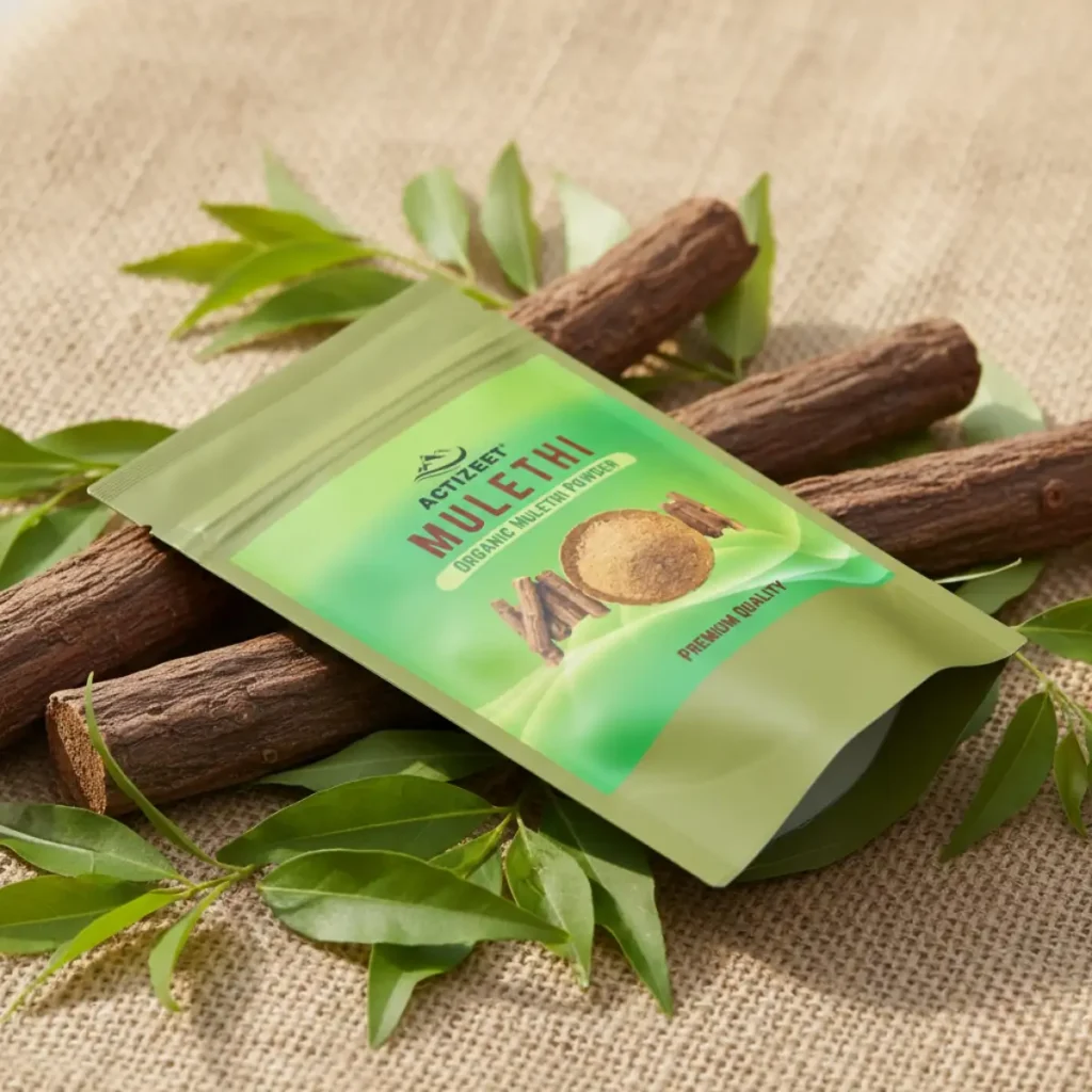 ACTIZEET Mulethi pouch on raw licorice roots and jute fabric