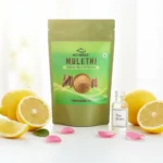 ACTIZEET Mulethi powder surrounded by sliced lemons and rose water