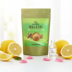 ACTIZEET Mulethi powder surrounded by sliced lemons and rose water
