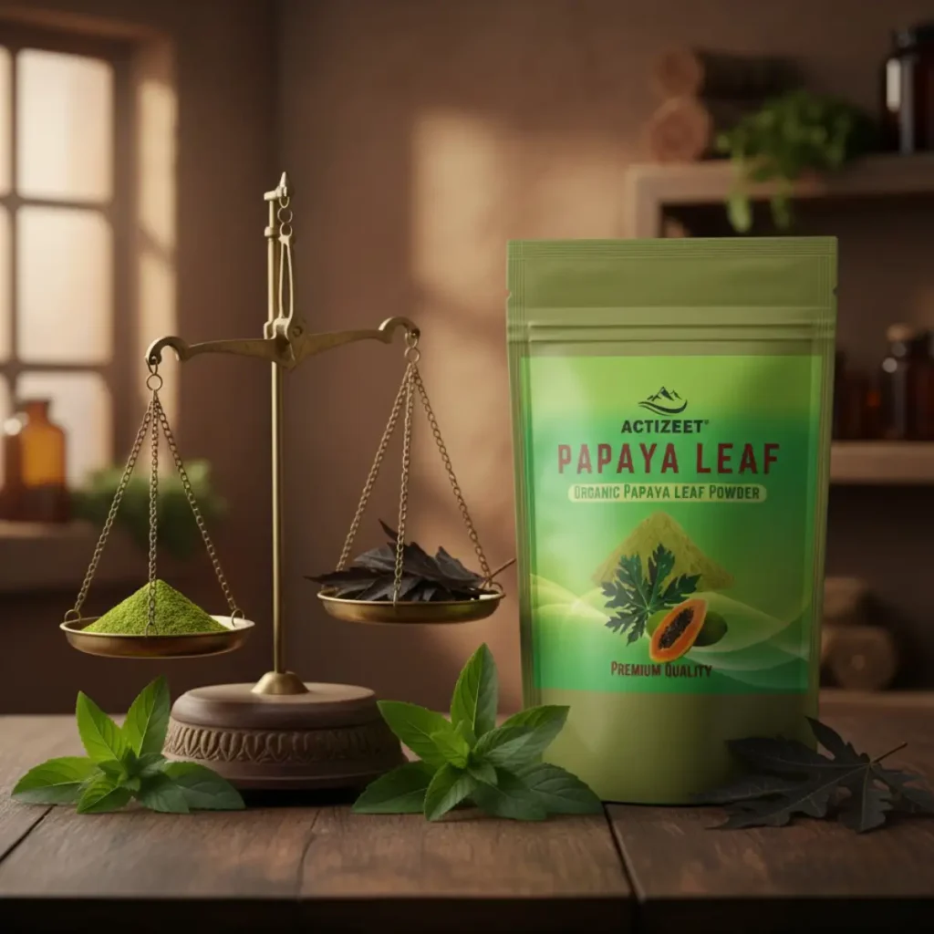 ACTIZEET Papaya Leaf Powder ouch next to a brass weighing scale and traditional herbs for Ayurvedic health