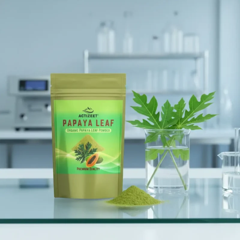 ACTIZEET Papaya Leaf Powder pouch on a glass laboratory table with fresh leaves in a beaker, clinical aesthetic