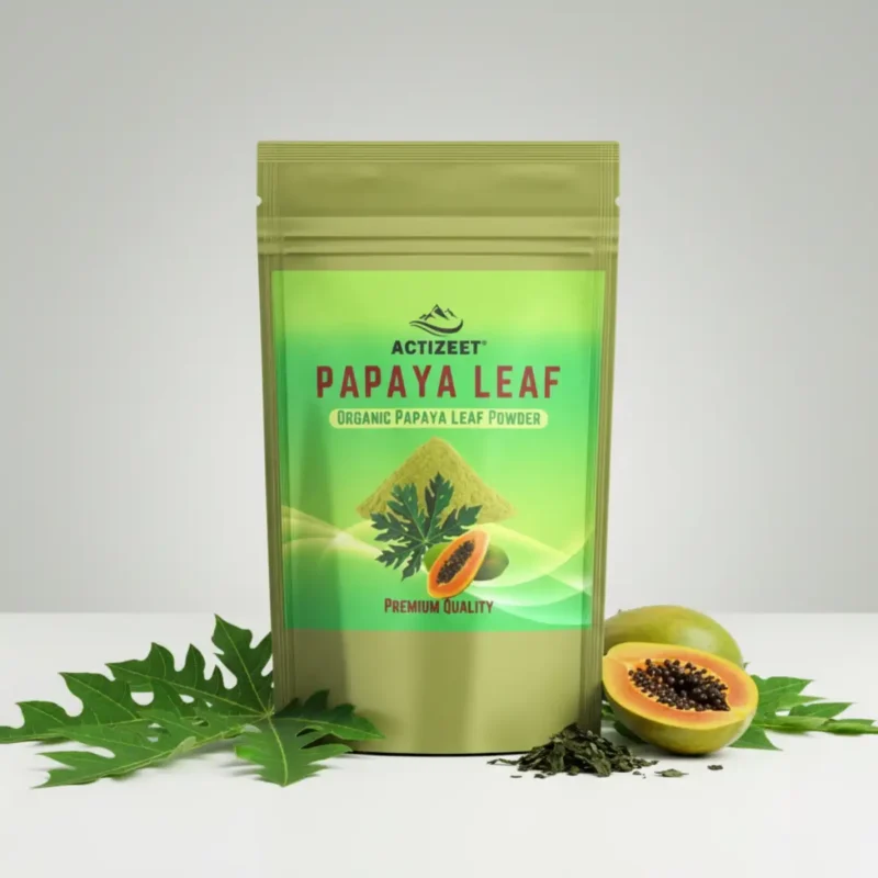 ACTIZEET Papaya Leaf Powder pouch surrounded by vibrant green fresh papaya leaves on a minimalist surface