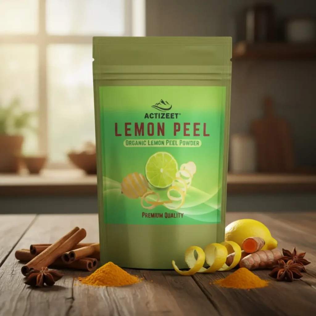 ACTIZEET pouch on a rustic table with cinnamon sticks and organic turmeric roots