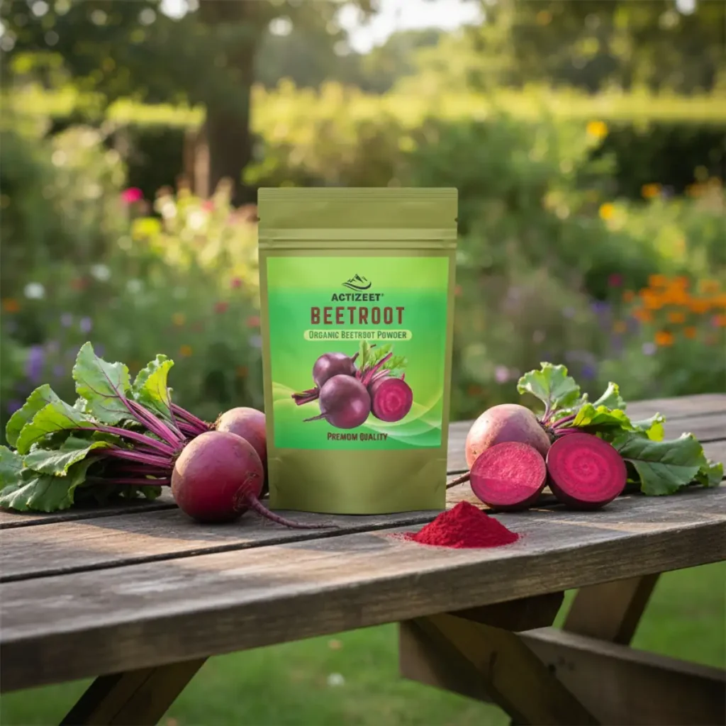 ACTIZEET beetroot powder pouch on a rustic wooden table in a sunlit garden background
