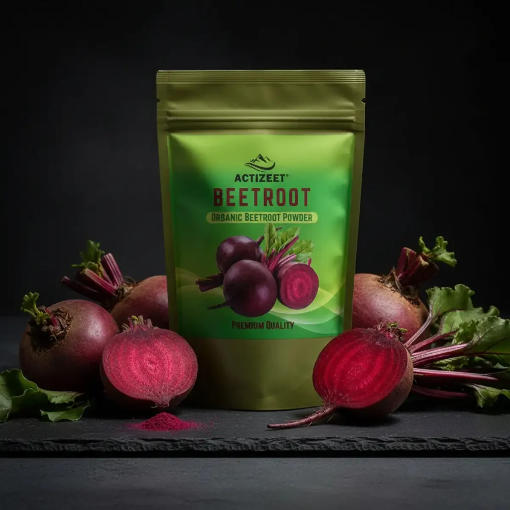 ACTIZEET pouch on dark slate with raw beetroots and green leaves