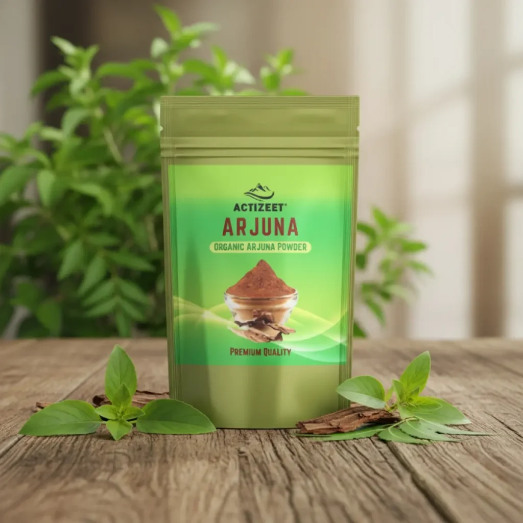 ACTIZEET pouch on rustic wood surrounded by green Tulsi and Neem leaves