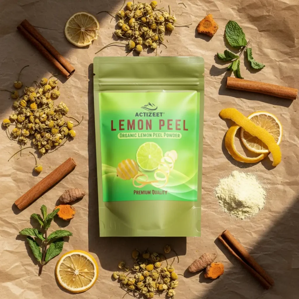 ACTIZEET pouch surrounded by dried botanicals and craft paper for a natural brand look