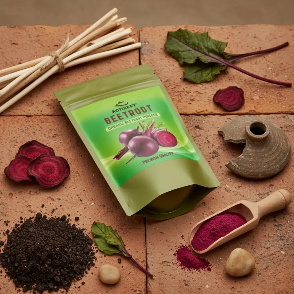 ACTIZEET pouch surrounded by dried botanicals and earthy clay textures