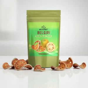 ACTIZEET Belgiri powder pouch surrounded by fresh and dried Bael fruit