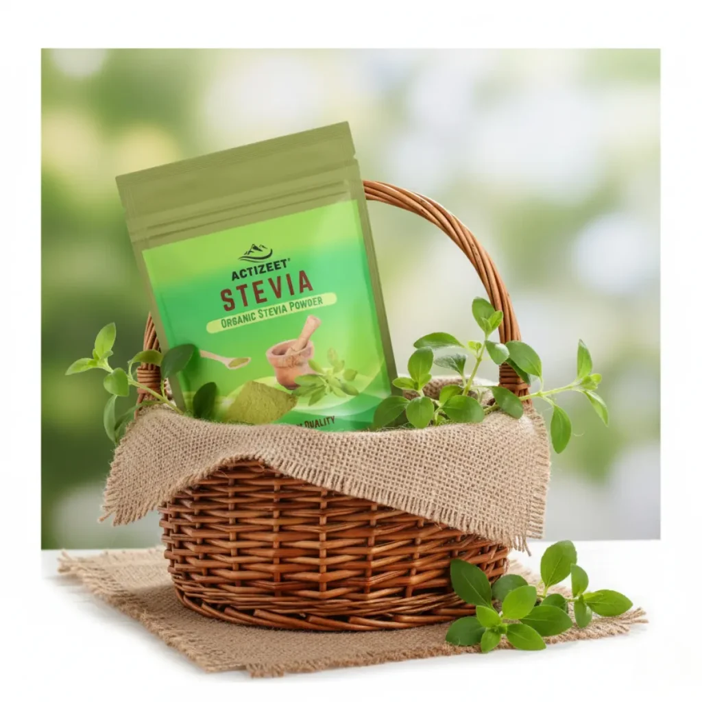 Actizeet stevia in a woven basket with fresh green leaves
