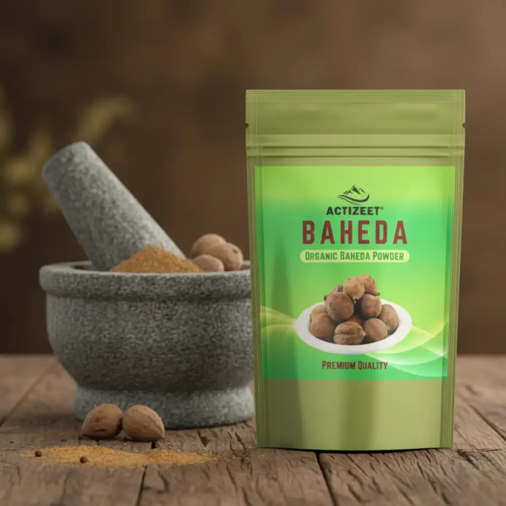 Ayurvedic stone mortar and pestle with ACTIZEET Baheda powder