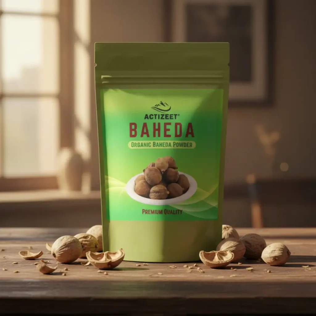 Baheda powder pouch on a rustic wooden table with natural sunlight