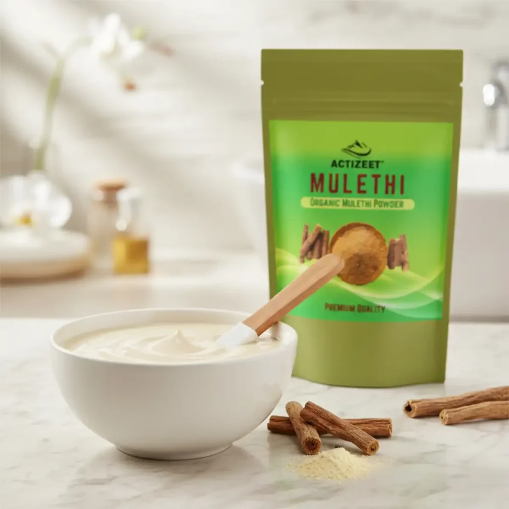 Ceramic bowl with smooth Mulethi and yogurt paste for skincare