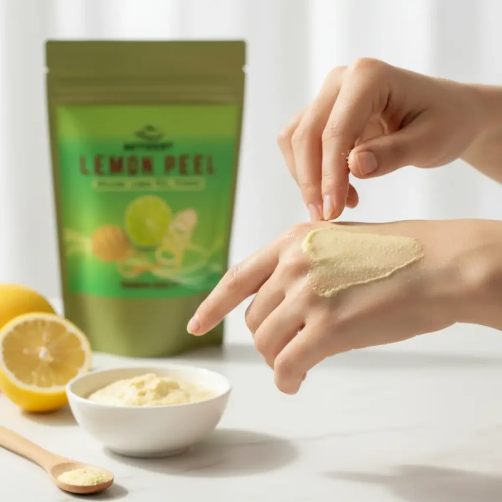 Close up of hands applying a thick ACTIZEET lemon peel powder paste to skin in soft sunlight