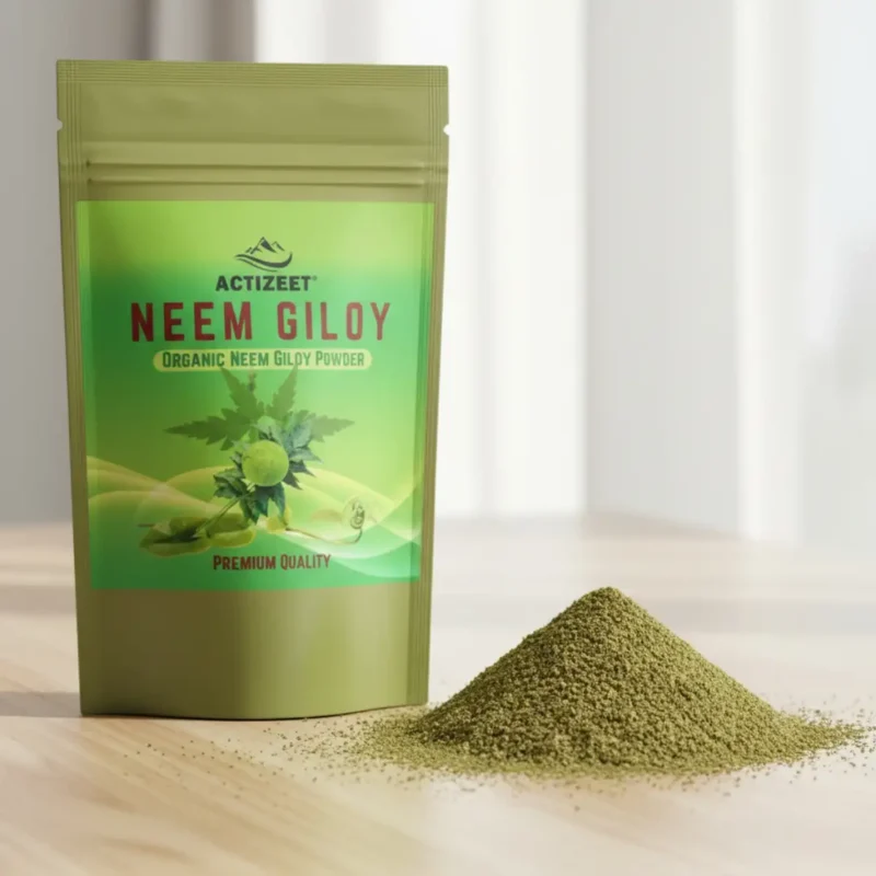 Close-up texture of fine green-brown Neem Giloy herbal powder