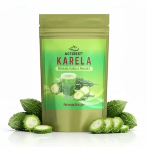 Front view of ACTIZEET Karela pouch surrounded by fresh bitter melon slices