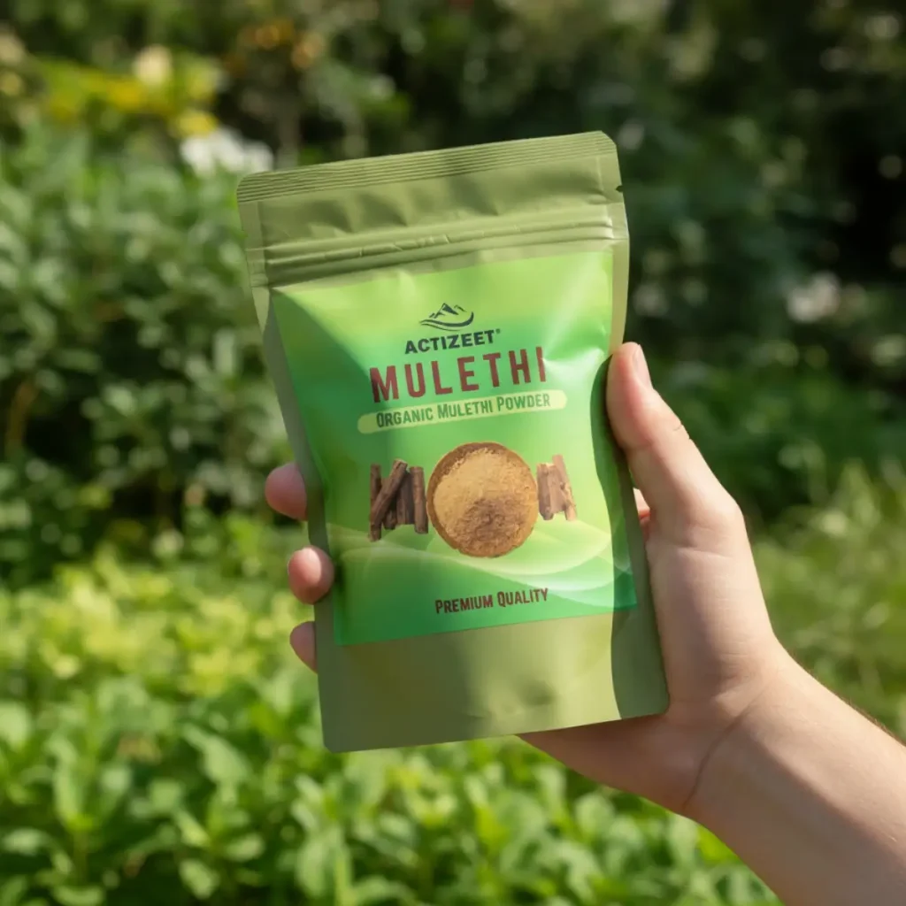 Hand holding ACTIZEET Mulethi pouch against a lush green garden